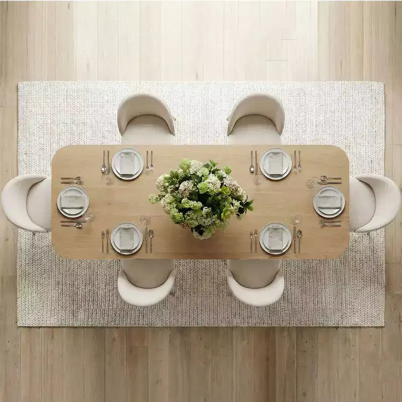 Tavolo da pranzo allungabile moderno 78-96 per 6/8 persone, set da pranzo Japandi con sedie imbottite beige, base a traliccio con gambe a V-Panipeachy