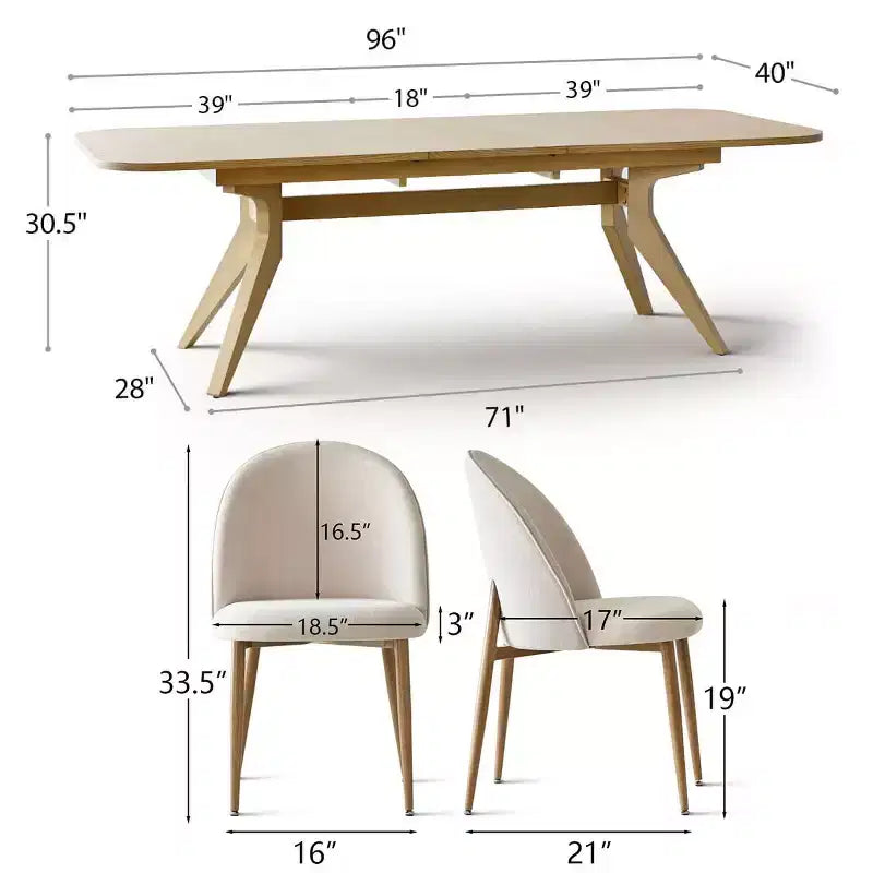 Tavolo da pranzo allungabile moderno 78-96 per 6/8 persone, set da pranzo Japandi con sedie imbottite beige, base a traliccio con gambe a V-Panipeachy
