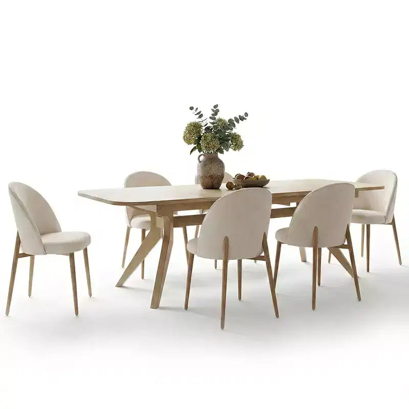 Tavolo da pranzo allungabile moderno 78-96 per 6/8 persone, set da pranzo Japandi con sedie imbottite beige, base a traliccio con gambe a V-Panipeachy