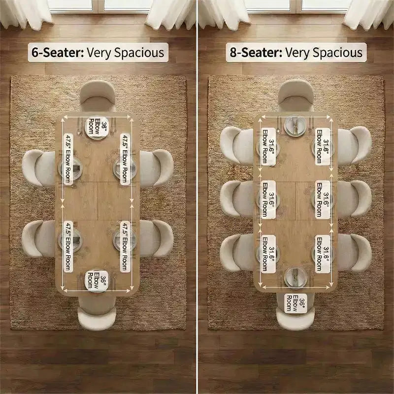 Tavolo da pranzo allungabile moderno 78-96 per 6/8 persone, set da pranzo Japandi con sedie imbottite beige, base a traliccio con gambe a V-Panipeachy