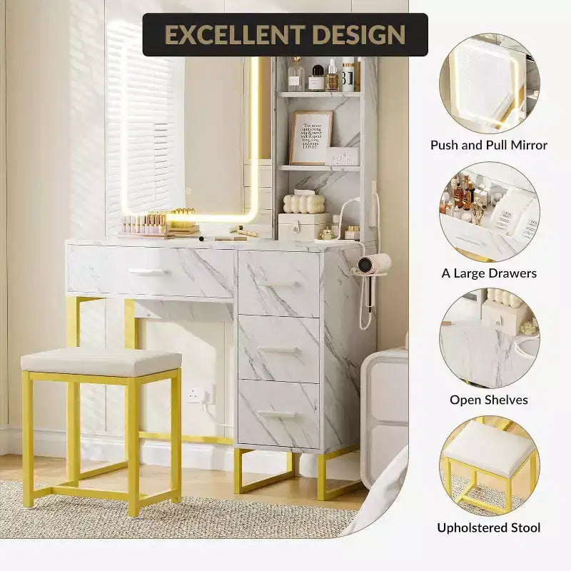 Tocador grande da 145 cm con specchio e luci, Tavolo da trucco con stazione di ricarica, 3 modalità di illuminazione, Elegante set con 4 cassetti e mensole