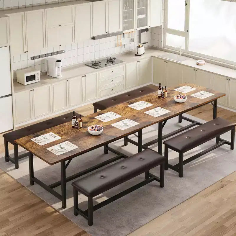 Set da pranzo 3 pezzi per 4-6 persone, tavolo da cucina allungabile da 160 cm con panca per 6 persone, set tavolo da cucina rettangolare con struttura in metallo e 2 panche imbottite