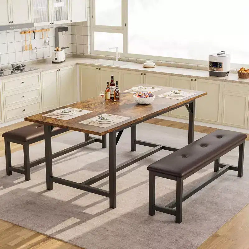 Set da pranzo 3 pezzi per 4-6 persone, tavolo da cucina allungabile da 160 cm con panca per 6 persone, set tavolo da cucina rettangolare con struttura in metallo e 2 panche imbottite