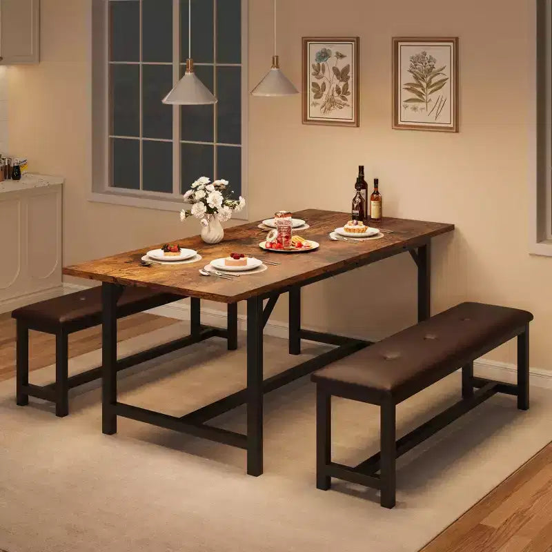 Set da pranzo 3 pezzi per 4-6 persone, tavolo da cucina allungabile da 160 cm con panca per 6 persone, set tavolo da cucina rettangolare con struttura in metallo e 2 panche imbottite