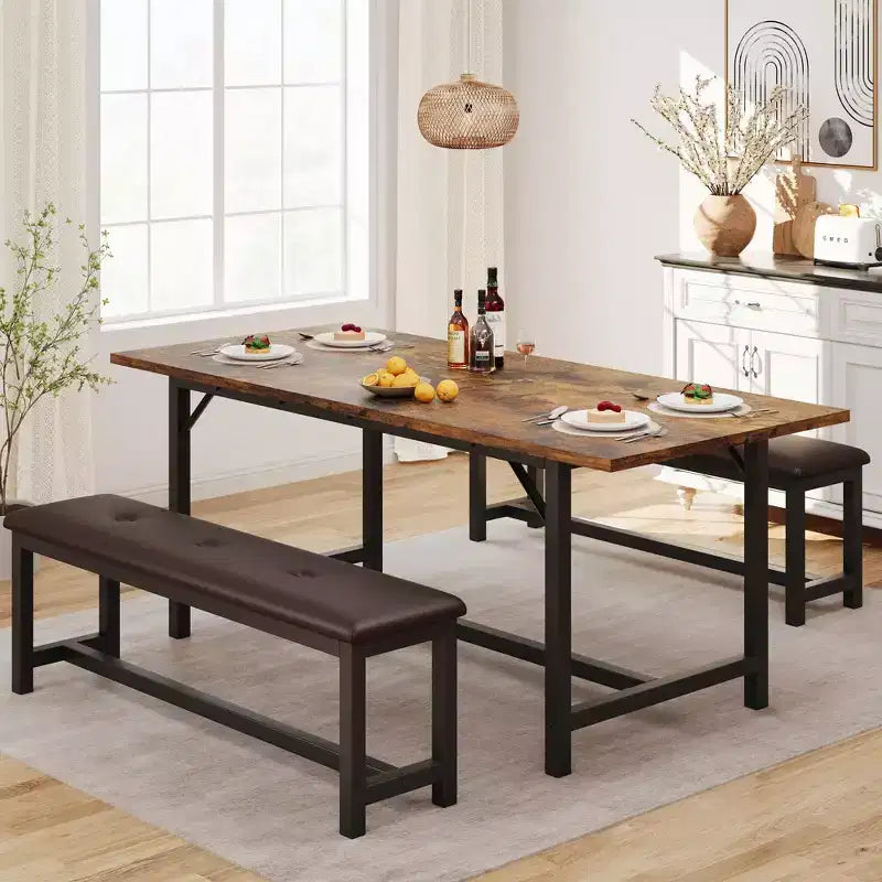 Set da pranzo 3 pezzi per 4-6 persone, tavolo da cucina allungabile da 160 cm con panca per 6 persone, set tavolo da cucina rettangolare con struttura in metallo e 2 panche imbottite