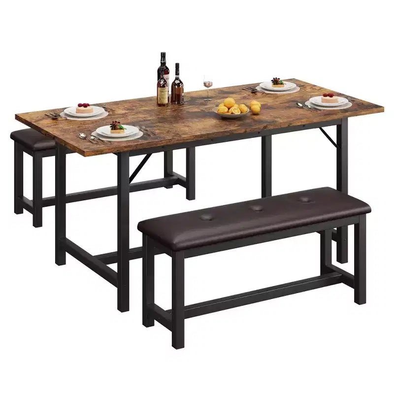 Set da pranzo 3 pezzi per 4-6 persone, tavolo da cucina allungabile da 160 cm con panca per 6 persone, set tavolo da cucina rettangolare con struttura in metallo e 2 panche imbottite