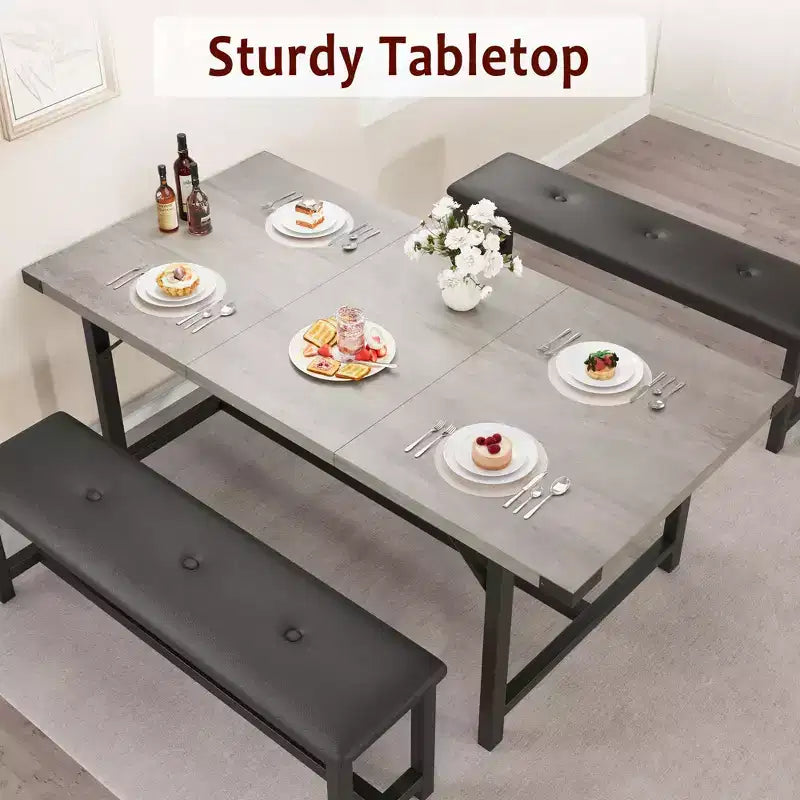 Set da pranzo 3 pezzi per 4-6 persone, tavolo da cucina allungabile da 160 cm con panca per 6 persone, set tavolo da cucina rettangolare con struttura in metallo e 2 panche imbottite