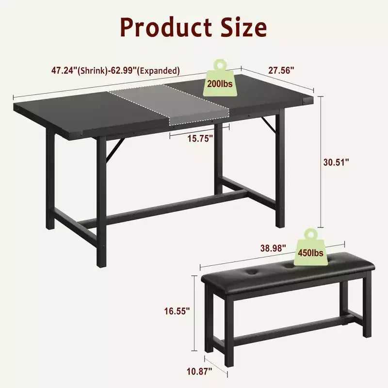 Set da pranzo 3 pezzi per 4-6 persone, tavolo da cucina allungabile da 160 cm con panca per 6 persone, set tavolo da cucina rettangolare con struttura in metallo e 2 panche imbottite