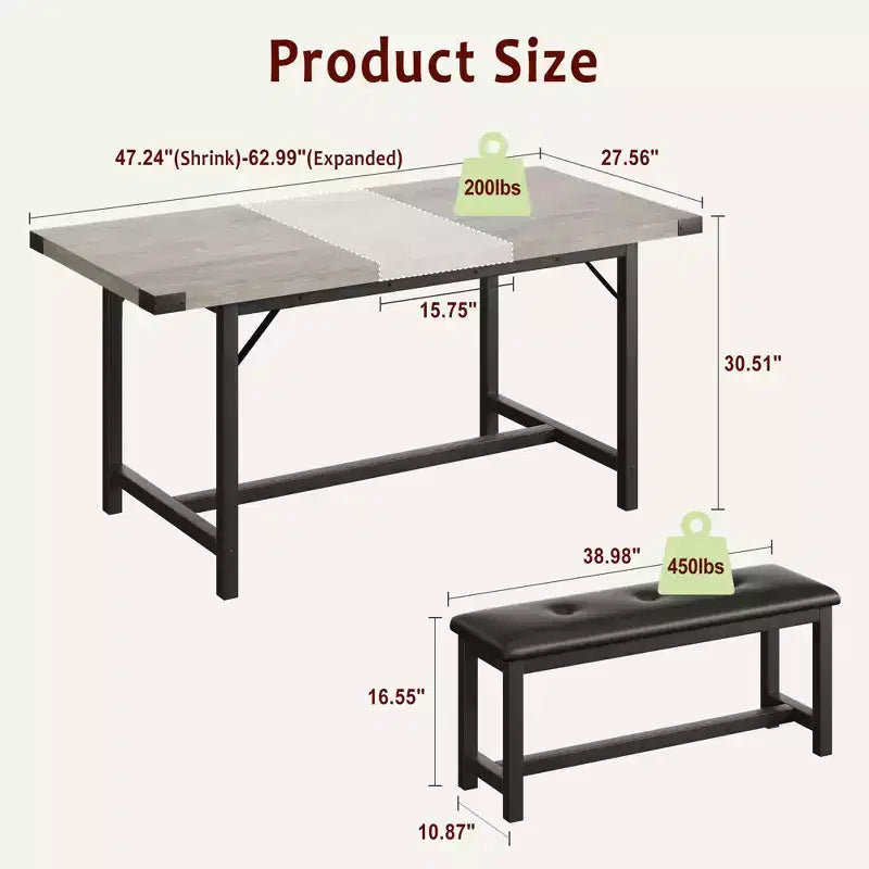 Set da pranzo 3 pezzi per 4-6 persone, tavolo da cucina allungabile da 160 cm con panca per 6 persone, set tavolo da cucina rettangolare con struttura in metallo e 2 panche imbottite
