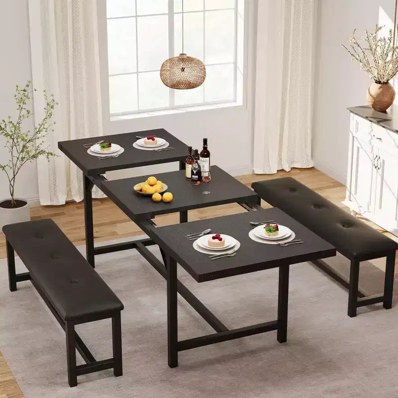 Set da pranzo 3 pezzi per 4-6 persone, tavolo da cucina allungabile da 160 cm con panca per 6 persone, set tavolo da cucina rettangolare con struttura in metallo e 2 panche imbottite