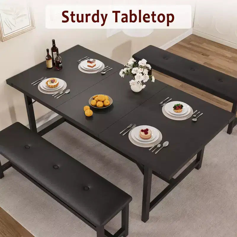 Set da pranzo 3 pezzi per 4-6 persone, tavolo da cucina allungabile da 160 cm con panca per 6 persone, set tavolo da cucina rettangolare con struttura in metallo e 2 panche imbottite