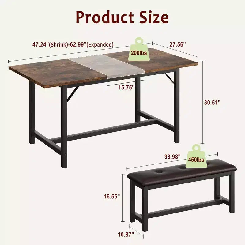 Set da pranzo 3 pezzi per 4-6 persone, tavolo da cucina allungabile da 160 cm con panca per 6 persone, set tavolo da cucina rettangolare con struttura in metallo e 2 panche imbottite