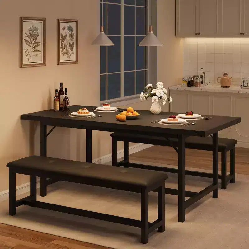 3 Piece Dining Table Set for 4-6, 63 Extendable Kitchen Table and Bench Set for 6, Metal Frame Rectangle Kitchen Table Set with 2 Upholstered Benches