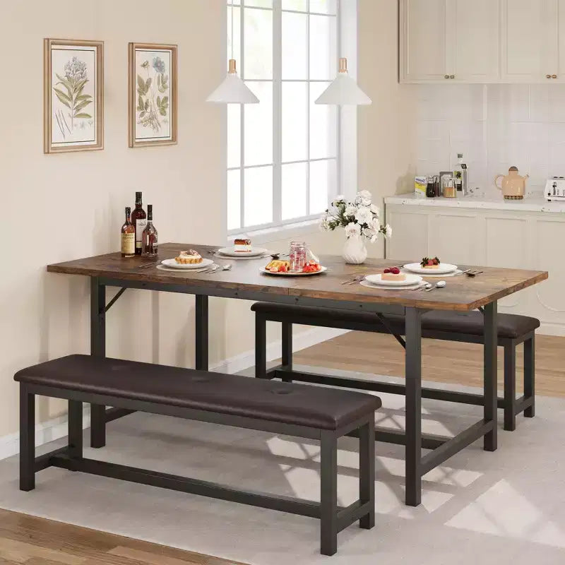 Set da pranzo da 3 pezzi per 4-6 persone, tavolo da cucina allungabile da 63 e panca per 6 persone, tavolo rettangolare da cucina con struttura in metallo e 2 panche imbottite