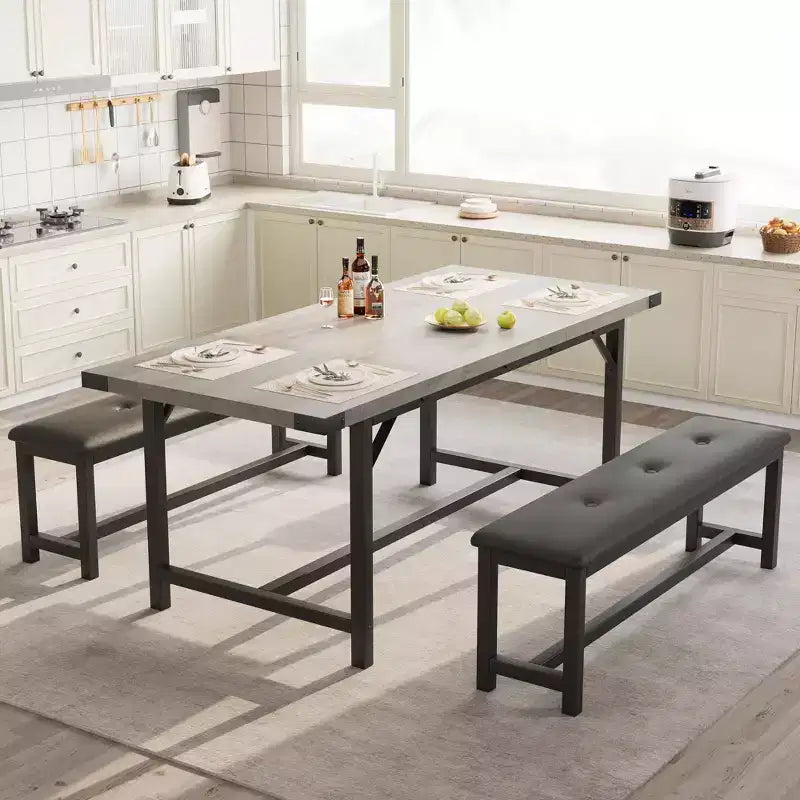 Set da pranzo da 3 pezzi per 4-6 persone, tavolo da cucina allungabile da 63 e panca per 6 persone, tavolo rettangolare da cucina con struttura in metallo e 2 panche imbottite