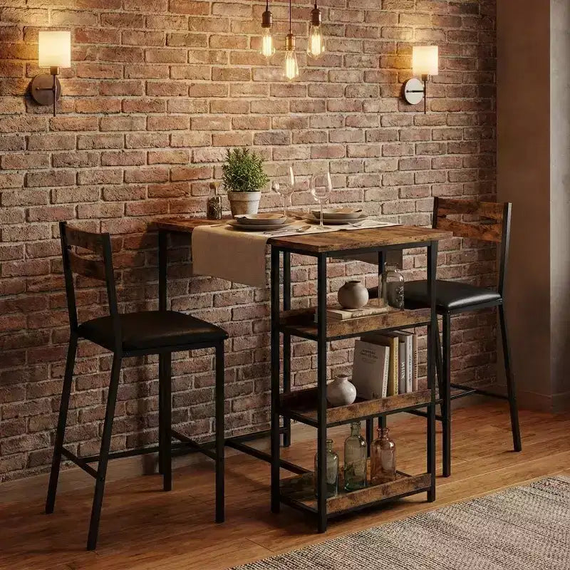 Set da 3 pezzi tavolo da cucina con ripiani e 2 sedie imbottite - Tavolo da pranzo in ferro e legno per piccoli spazi, appartamenti, monolocali
