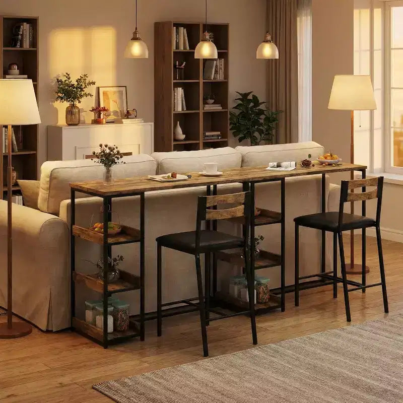 Set da 3 pezzi tavolo da cucina con ripiani e 2 sedie imbottite - Tavolo da pranzo in ferro e legno per piccoli spazi, appartamenti, monolocali