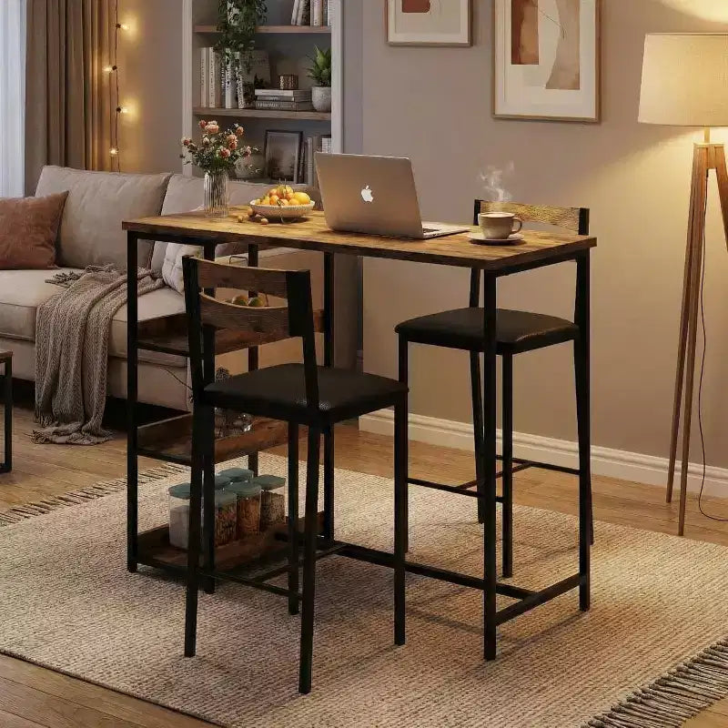 Set da 3 pezzi tavolo da cucina con ripiani e 2 sedie imbottite - Tavolo da pranzo in ferro e legno per piccoli spazi, appartamenti, monolocali