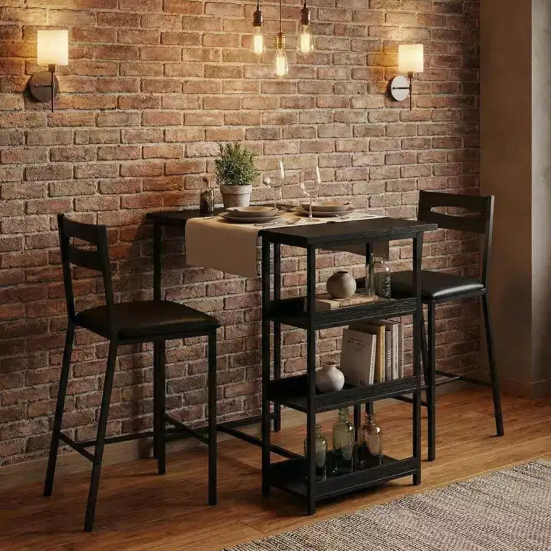 Set da 3 pezzi tavolo da cucina con ripiani e 2 sedie imbottite - Tavolo da pranzo in ferro e legno per piccoli spazi, appartamenti, monolocali