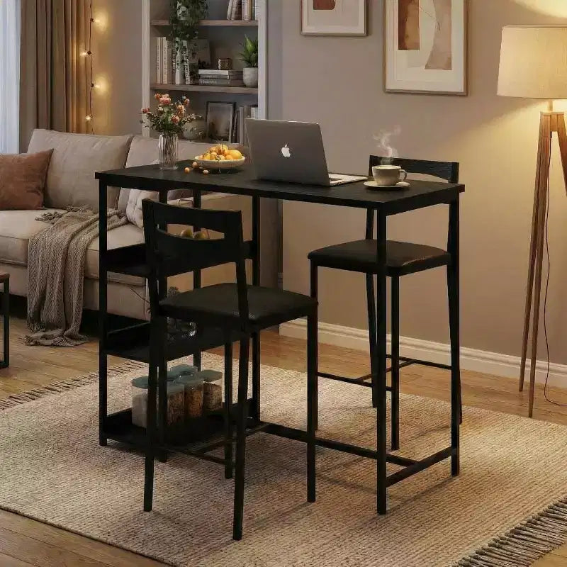 Set da 3 pezzi tavolo da cucina con ripiani e 2 sedie imbottite - Tavolo da pranzo in ferro e legno per piccoli spazi, appartamenti, monolocali