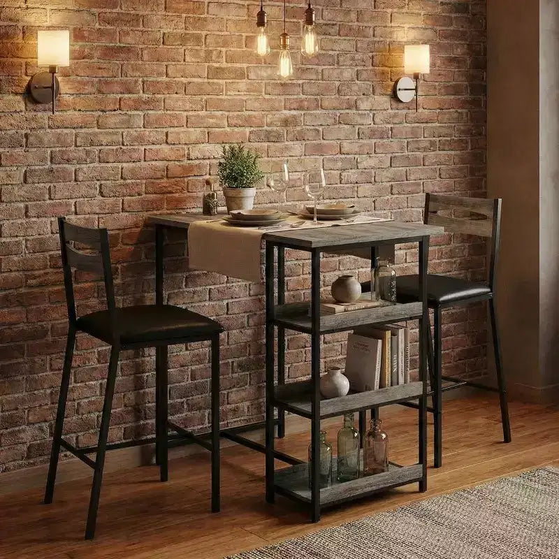 Set da 3 pezzi tavolo da cucina con ripiani e 2 sedie imbottite - Tavolo da pranzo in ferro e legno per piccoli spazi, appartamenti, monolocali