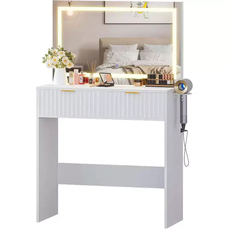 Toeletta da trucco da 51 pollici con specchio illuminato e luci regolabili - Tavolo da trucco in legno naturale per camera da letto