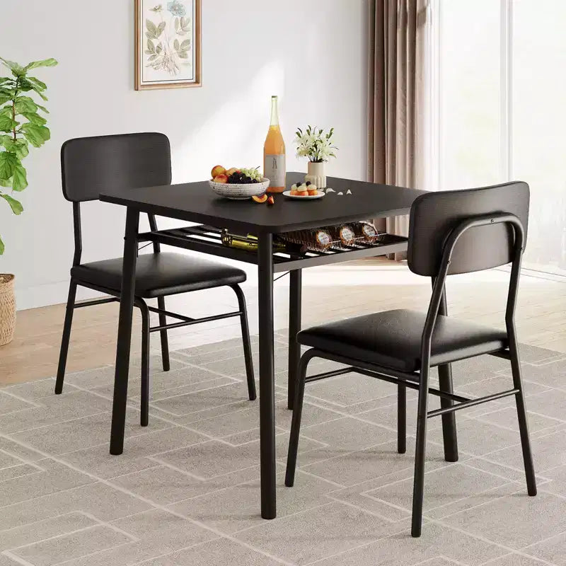 3-Piece Dining Set for 2  Small Square Table with Storage Rack & Metal Frame, Includes 2 Upholstered Chairs, Brown