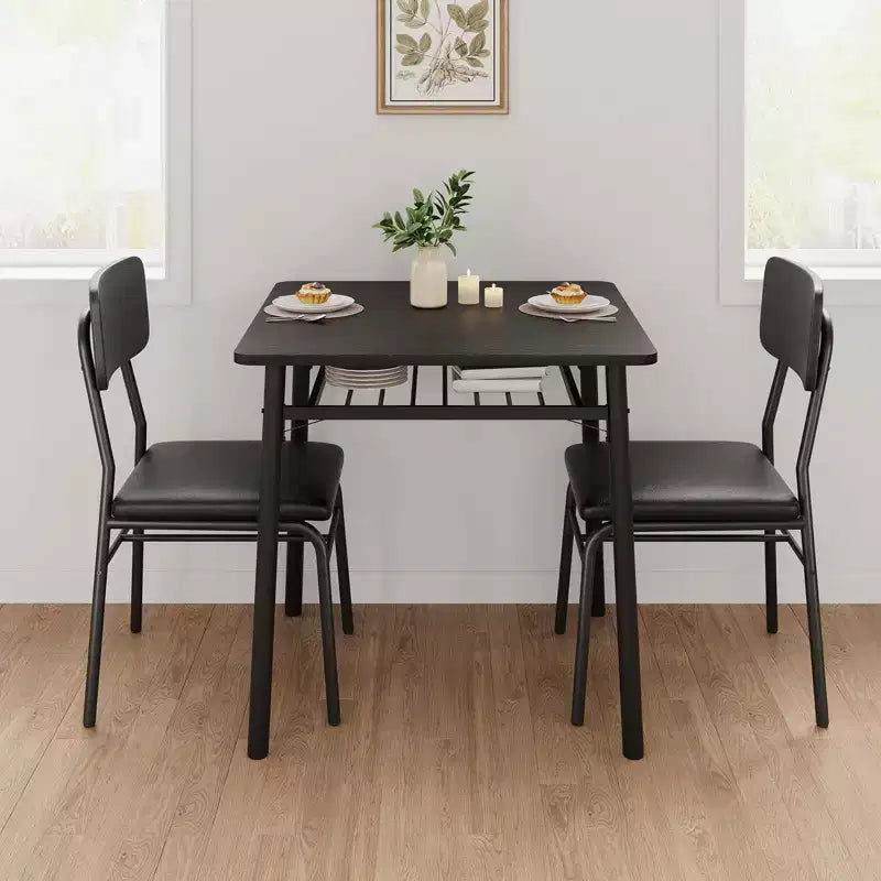 Set da pranzo 3 pezzi per 2 persone - Tavolo quadrato piccolo con ripiano portaoggetti e struttura in metallo, include 2 sedie imbottite, marrone