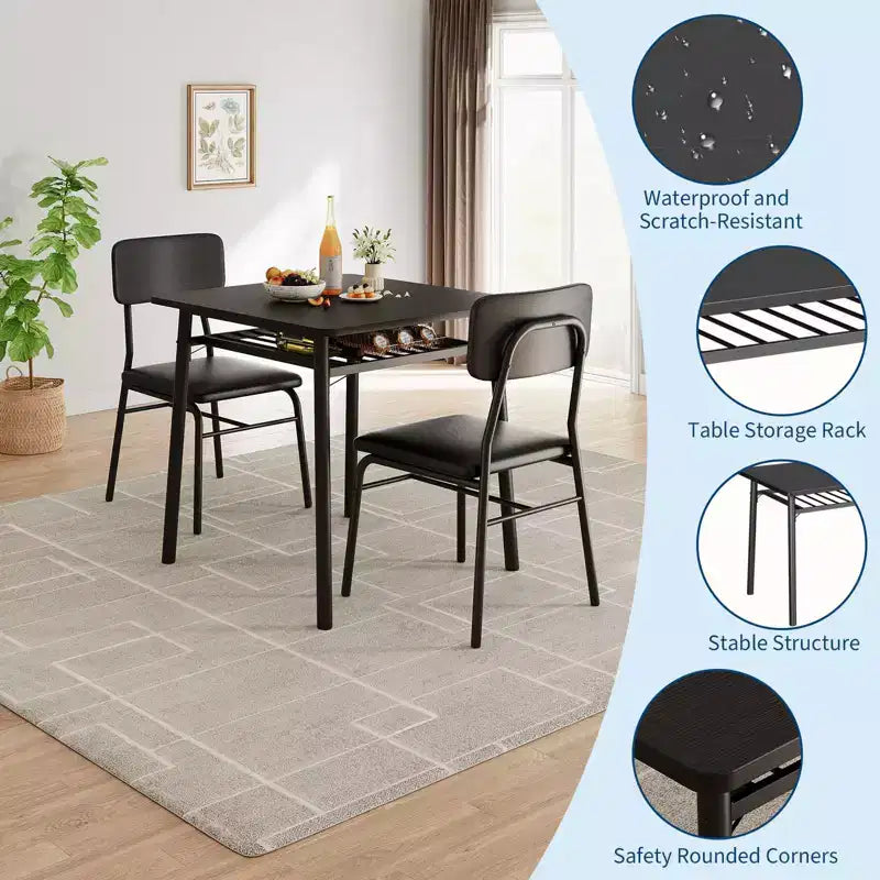 Set da pranzo 3 pezzi per 2 persone - Tavolo quadrato piccolo con ripiano portaoggetti e struttura in metallo, include 2 sedie imbottite, marrone