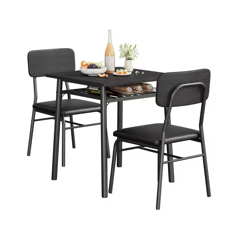 Set da pranzo 3 pezzi per 2 persone - Tavolo quadrato piccolo con ripiano portaoggetti e struttura in metallo, include 2 sedie imbottite, marrone