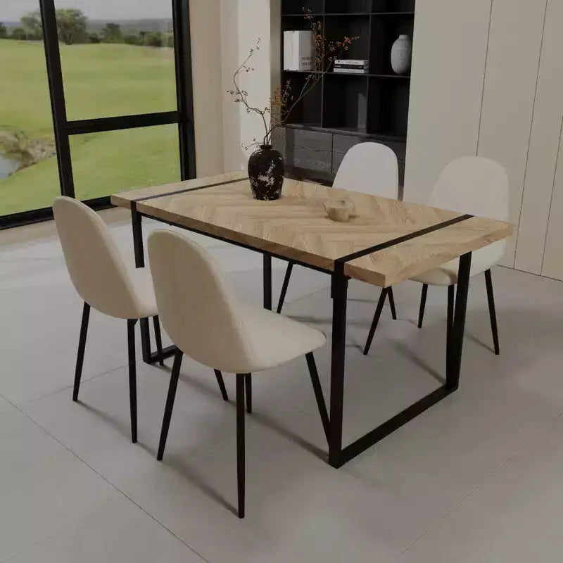 Set da pranzo GDFStudio Kavya moderno da 5 pezzi con tavolo in legno e metallo e 4 sedie imbottite in pelle scamosciata