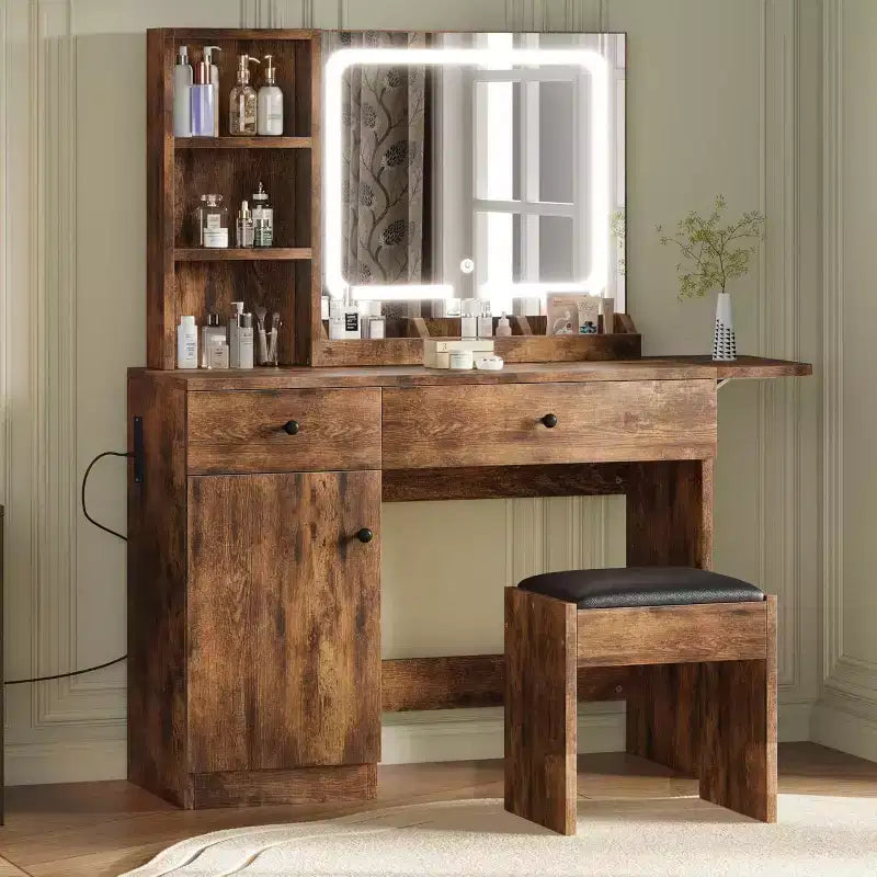 Toeletta Trucco con Specchio e Luci, Set Tavolo da Trucco con Cassetto e Presa di Corrente, Sedia Contenitore e 3 Ripiani, Camera da Letto