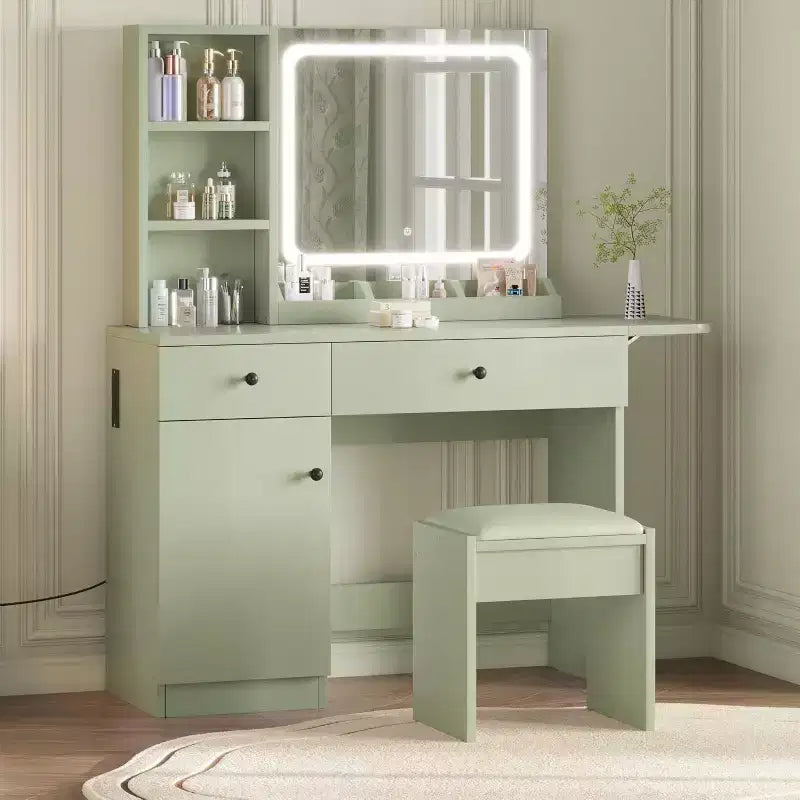 Toeletta Trucco con Specchio e Luci, Set Tavolo da Trucco con Cassetto e Presa di Corrente, Sedia Contenitore e 3 Ripiani, Camera da Letto
