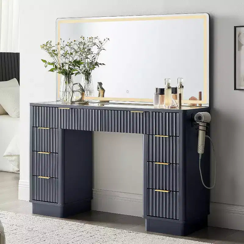 48 Fluted Makeup Vanity Desk with Mirror and Lights, Modern Vanity Table with 8 Drawers & Charging Station, Vanity Desk with Glass Top