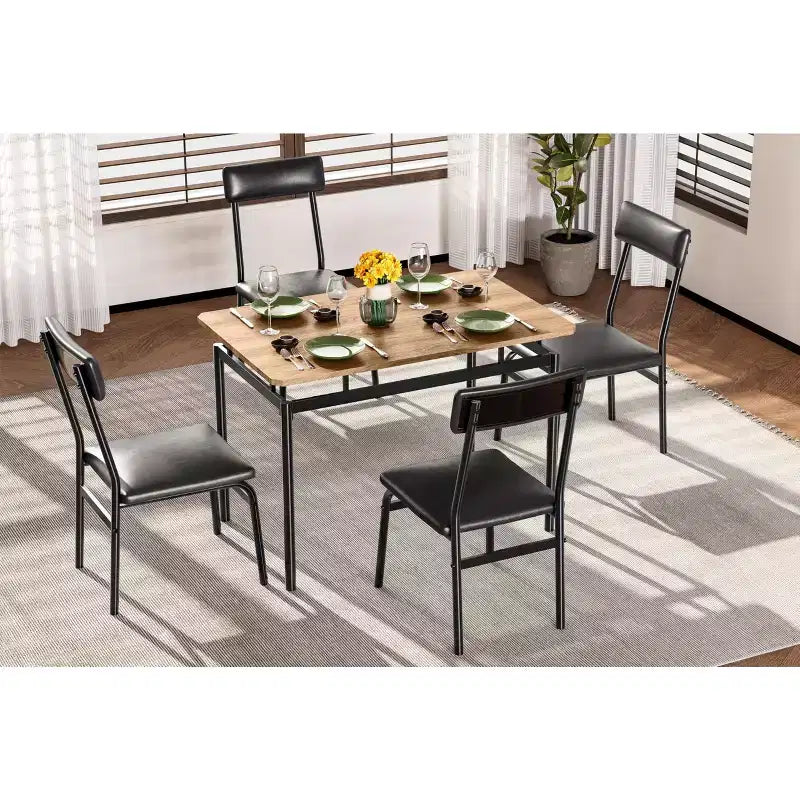 Set da pranzo industriale da 5 pezzi, tavolino con sedie imbottite in PU per cucina salvaspazio, nero e marrone