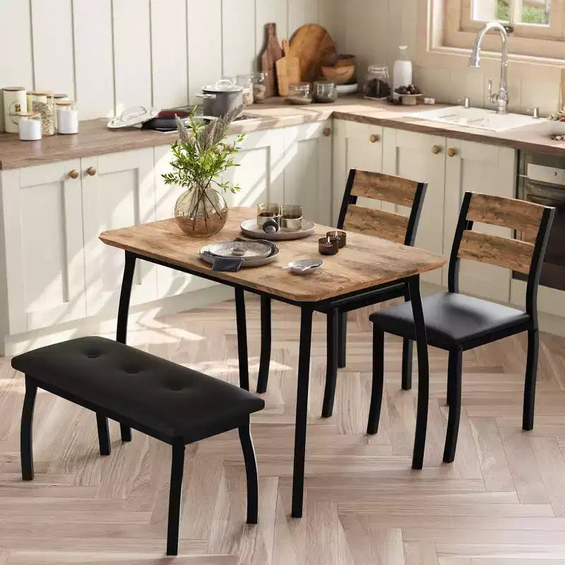 Set da Pranzo per 4, Robusto Tavolo da Cucina in Legno con Design Smussato e Gambe in Metallo, Panca Imbottita e 2 Classiche Sedie da Pranzo, Set Cucina e Sala da Pranzo