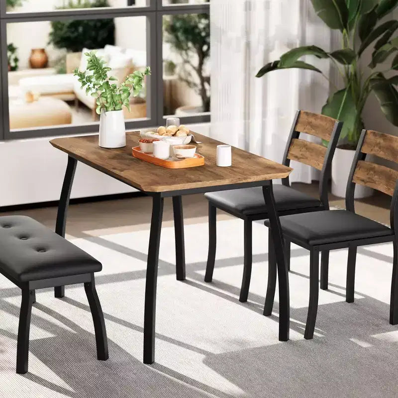 Set da Pranzo per 4, Robusto Tavolo da Cucina in Legno con Design Smussato e Gambe in Metallo, Panca Imbottita e 2 Classiche Sedie da Pranzo, Set Cucina e Sala da Pranzo
