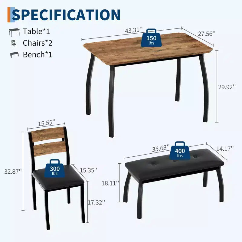 Set da Pranzo per 4, Robusto Tavolo da Cucina in Legno con Design Smussato e Gambe in Metallo, Panca Imbottita e 2 Classiche Sedie da Pranzo, Set Cucina e Sala da Pranzo