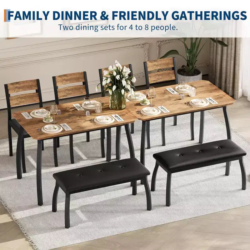 Set da Pranzo per 4, Robusto Tavolo da Cucina in Legno con Design Smussato e Gambe in Metallo, Panca Imbottita e 2 Classiche Sedie da Pranzo, Set Cucina e Sala da Pranzo
