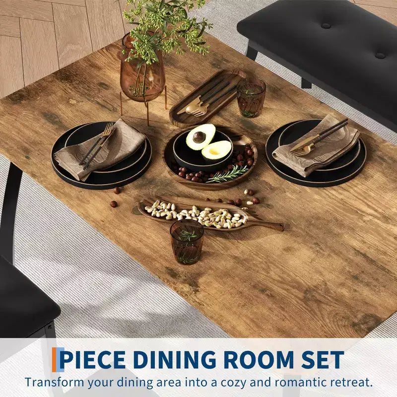 Set da Pranzo per 4, Robusto Tavolo da Cucina in Legno con Design Smussato e Gambe in Metallo, Panca Imbottita e 2 Classiche Sedie da Pranzo, Set Cucina e Sala da Pranzo