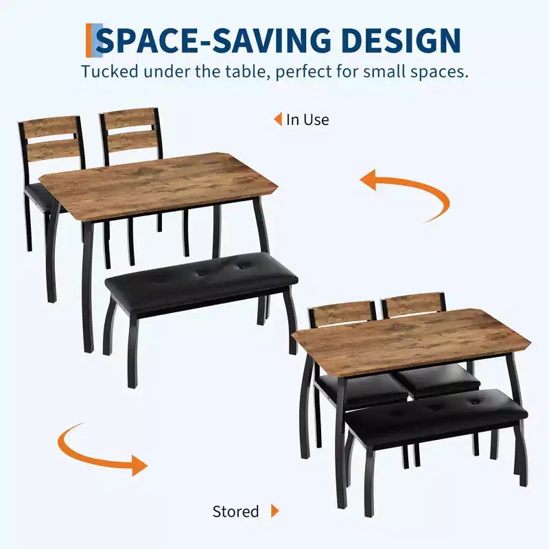 Set da Pranzo per 4, Robusto Tavolo da Cucina in Legno con Design Smussato e Gambe in Metallo, Panca Imbottita e 2 Classiche Sedie da Pranzo, Set Cucina e Sala da Pranzo