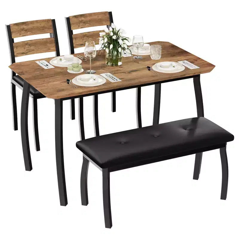Set da Pranzo per 4, Robusto Tavolo da Cucina in Legno con Design Smussato e Gambe in Metallo, Panca Imbottita e 2 Classiche Sedie da Pranzo, Set Cucina e Sala da Pranzo