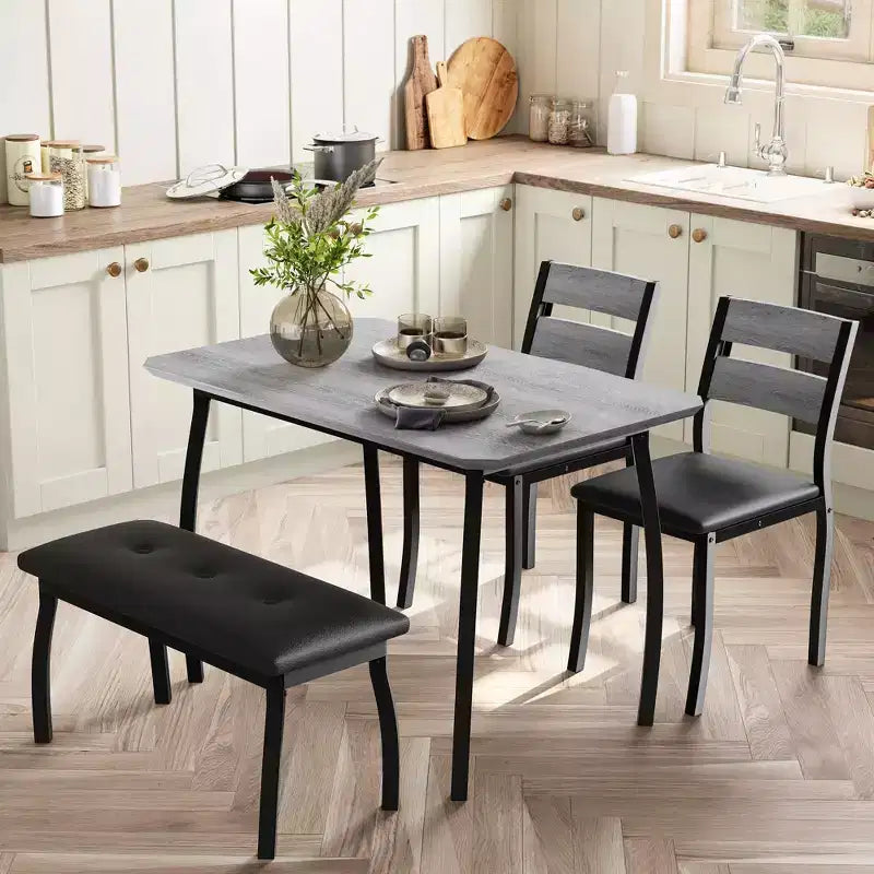 Set da Pranzo per 4, Robusto Tavolo da Cucina in Legno con Design Smussato e Gambe in Metallo, Panca Imbottita e 2 Classiche Sedie da Pranzo, Set Cucina e Sala da Pranzo