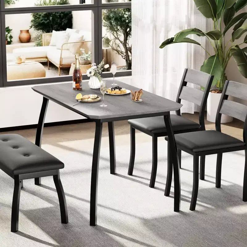 Set da Pranzo per 4, Robusto Tavolo da Cucina in Legno con Design Smussato e Gambe in Metallo, Panca Imbottita e 2 Classiche Sedie da Pranzo, Set Cucina e Sala da Pranzo