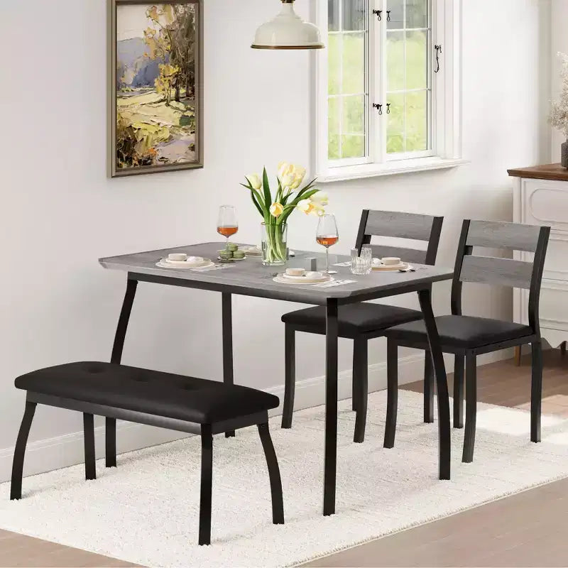 Set da Pranzo per 4, Robusto Tavolo da Cucina in Legno con Design Smussato e Gambe in Metallo, Panca Imbottita e 2 Classiche Sedie da Pranzo, Set Cucina e Sala da Pranzo