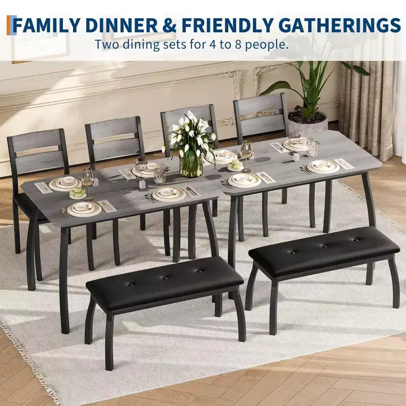 Set da Pranzo per 4, Robusto Tavolo da Cucina in Legno con Design Smussato e Gambe in Metallo, Panca Imbottita e 2 Classiche Sedie da Pranzo, Set Cucina e Sala da Pranzo