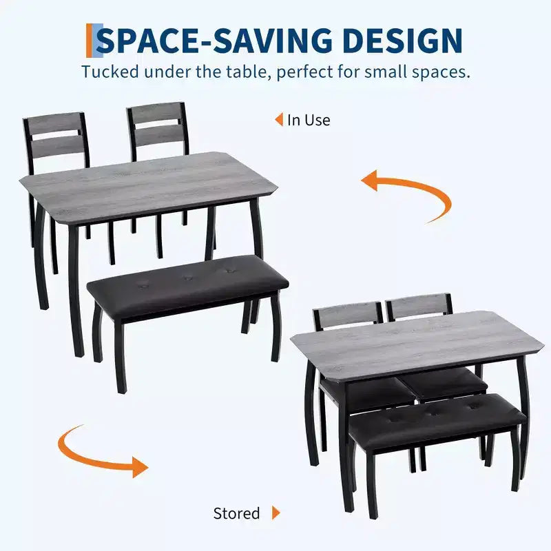 Set da Pranzo per 4, Robusto Tavolo da Cucina in Legno con Design Smussato e Gambe in Metallo, Panca Imbottita e 2 Classiche Sedie da Pranzo, Set Cucina e Sala da Pranzo