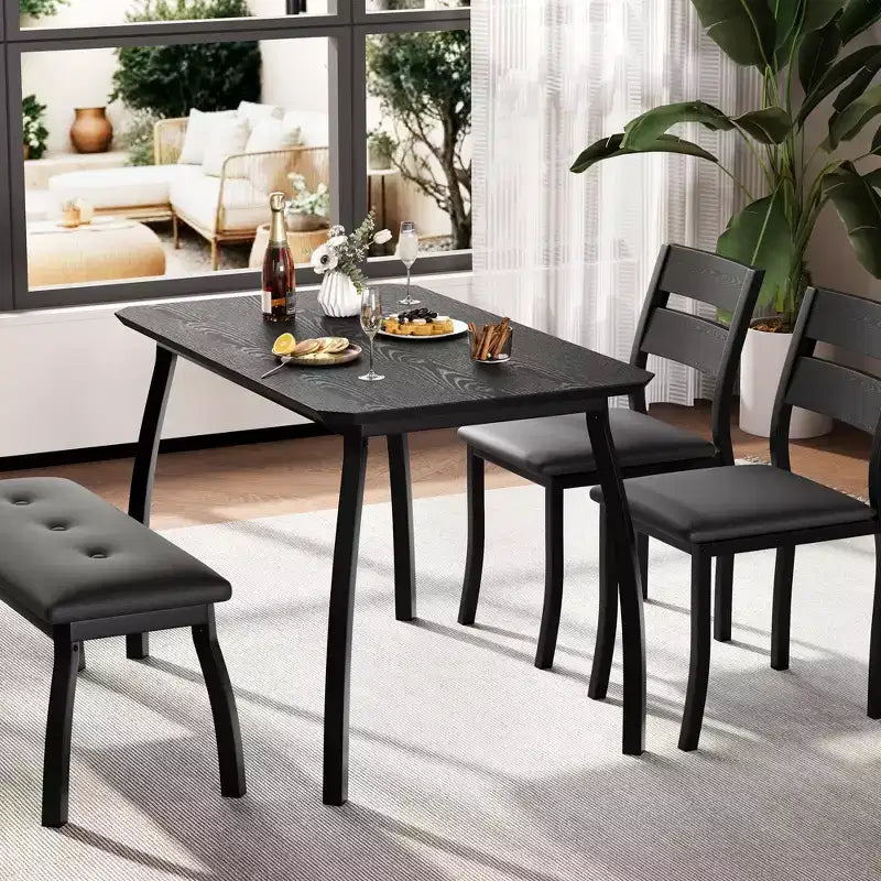 Set da Pranzo per 4, Robusto Tavolo da Cucina in Legno con Design Smussato e Gambe in Metallo, Panca Imbottita e 2 Classiche Sedie da Pranzo, Set Cucina e Sala da Pranzo
