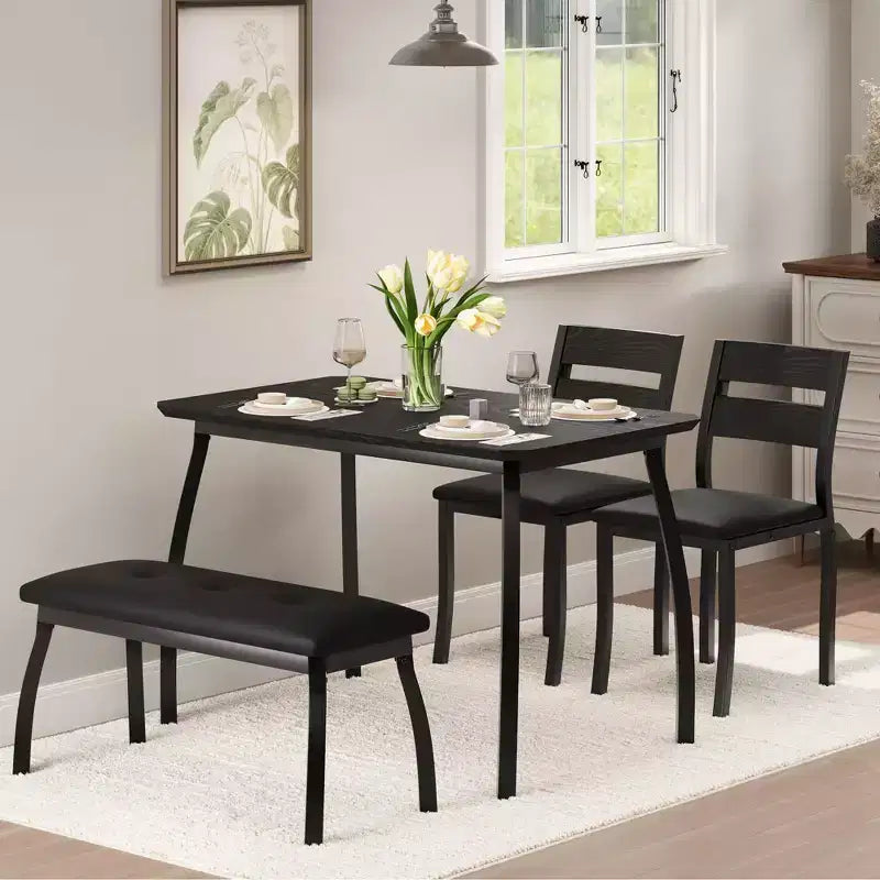 Set da Pranzo per 4, Robusto Tavolo da Cucina in Legno con Design Smussato e Gambe in Metallo, Panca Imbottita e 2 Classiche Sedie da Pranzo, Set Cucina e Sala da Pranzo