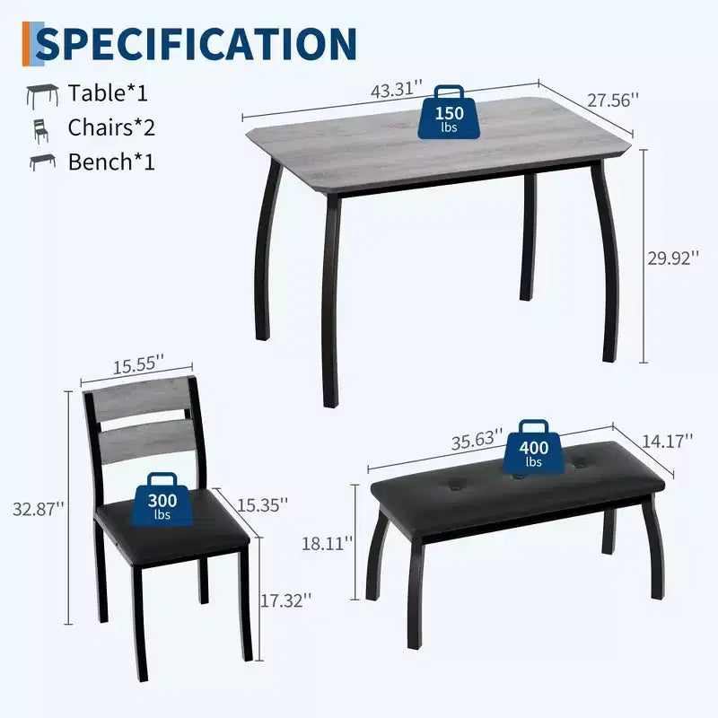 Set da Pranzo per 4, Robusto Tavolo da Cucina in Legno con Design Smussato e Gambe in Metallo, Panca Imbottita e 2 Classiche Sedie da Pranzo, Set Cucina e Sala da Pranzo